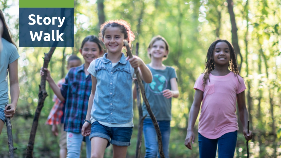 Children on a story walk in the woods.